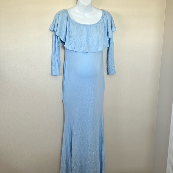 PinkBlush Light Blue Off Shoulder Ruffle Maternity Photoshoot Maxi Dress - Picture 7 of 14